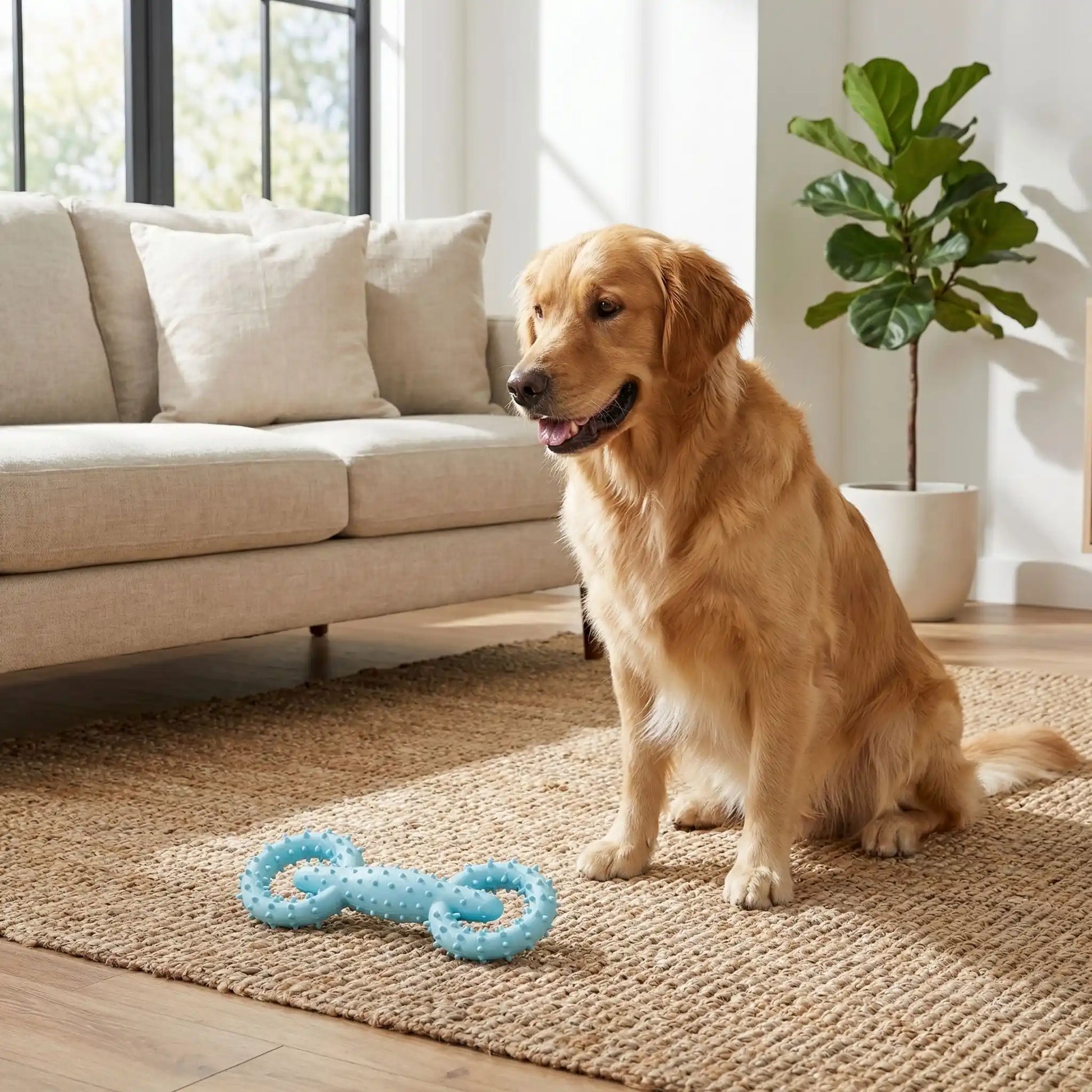 Golden Retriever assis sur un tapis près d'un jouet indestructible chien bleu.