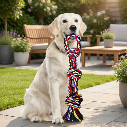 Golden retriever assis en extérieur avec un jouet indestructible chien multicolore
