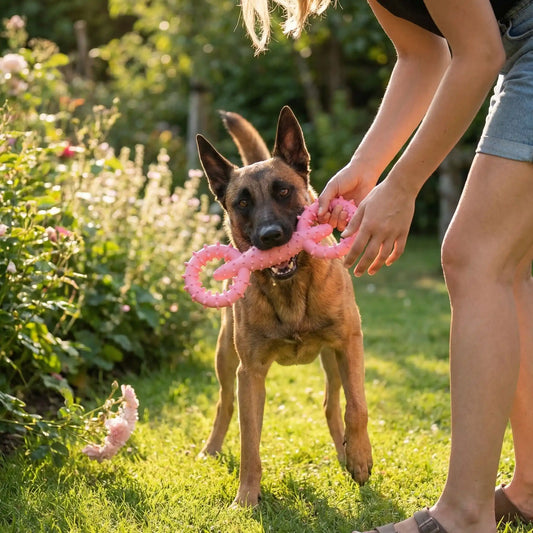 Un Berger Malinois tenant un jouet indestructible chien rose dans un jardin fleuri.