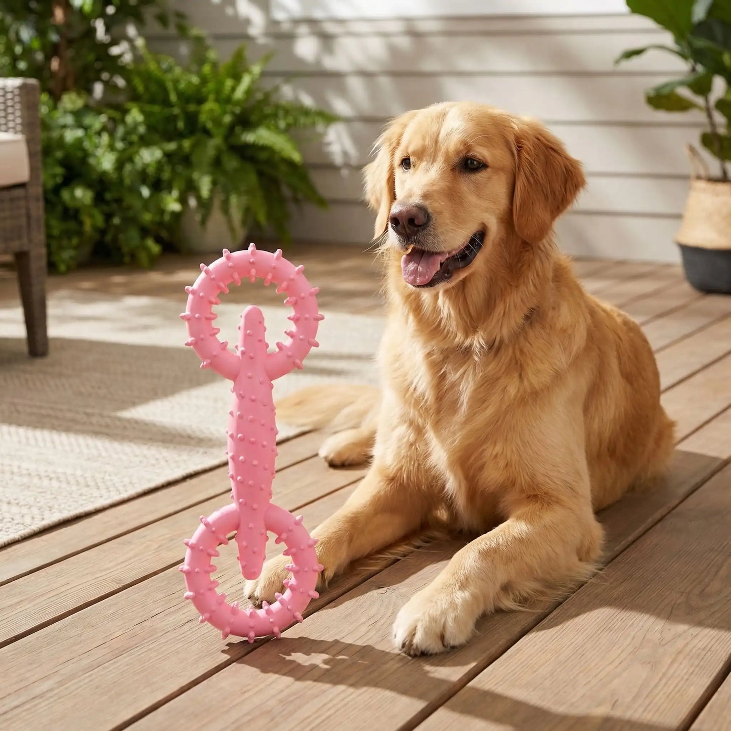 Golden Retriever couché sur une terrasse en bois avec un jouet indestructible chien rose.