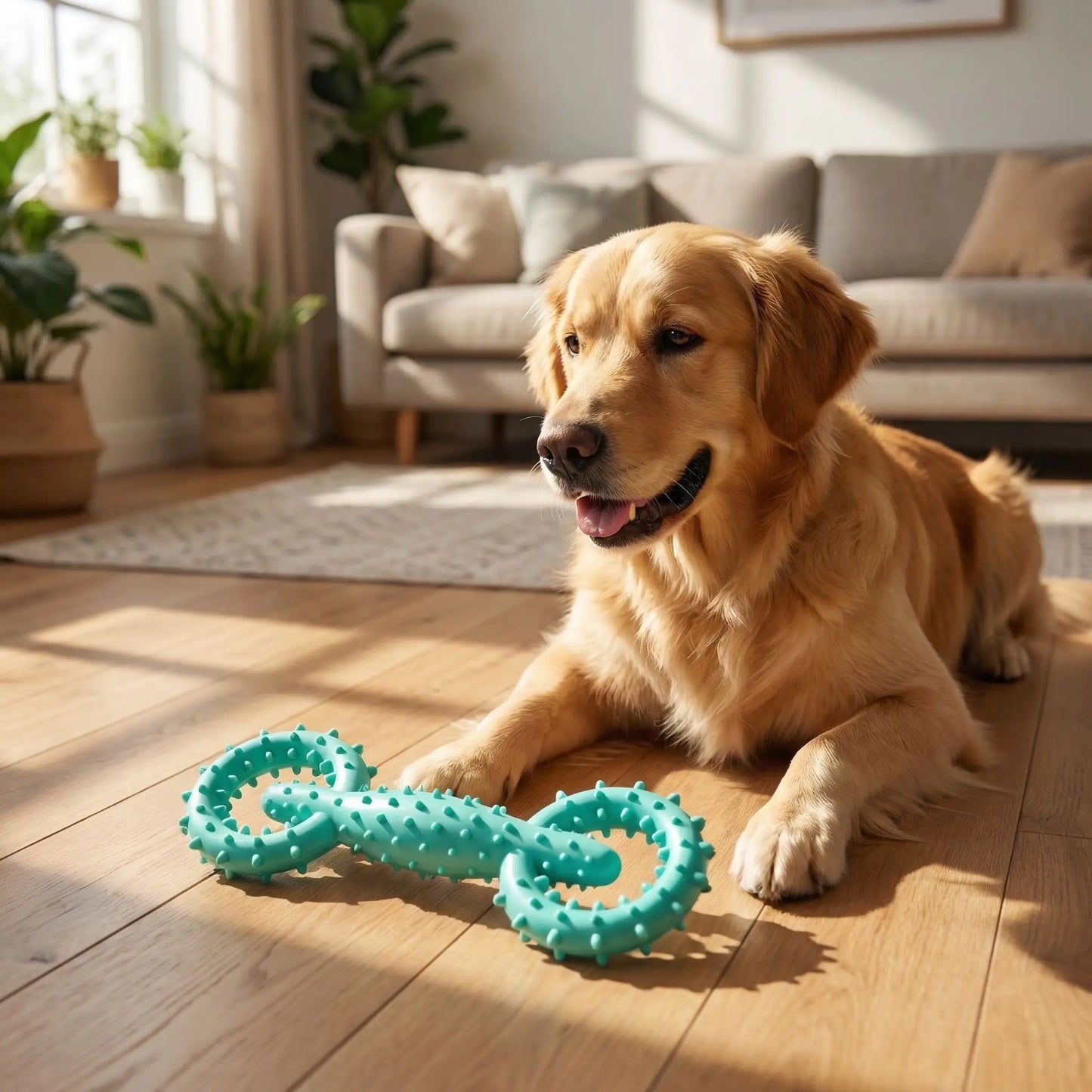 Golden Retriever allongé sur un parquet devant un jouet indestructible chien turquoise.