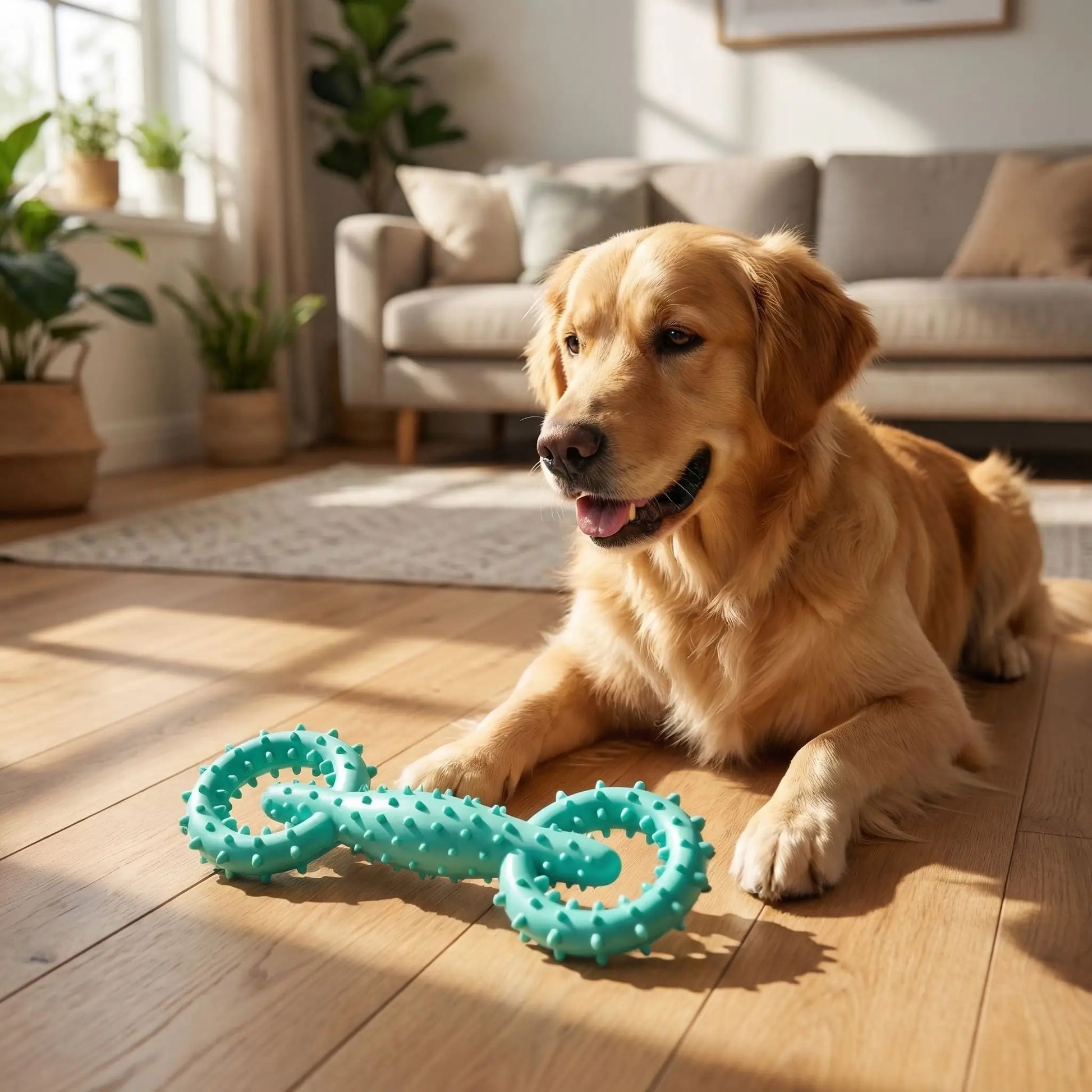 Golden Retriever allongé sur un parquet devant un jouet indestructible chien turquoise.