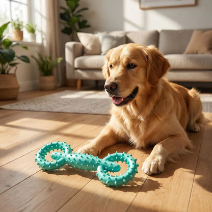 Golden Retriever allongé sur un parquet devant un jouet indestructible chien turquoise.