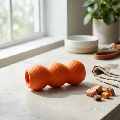 Jouet kong chien orange à côté de friandises sur un plan de travail près d'une fenêtre.