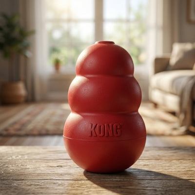 Jouet Kong chien rouge en caoutchouc résistant présenté sur une table en bois ensoleillée.