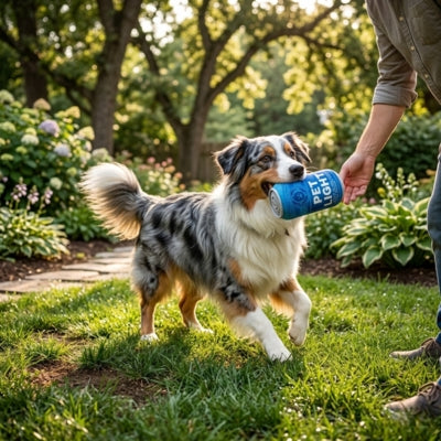 Berger Australien courant avec le jouet pour chien bleu Pet Light dans la gueule.