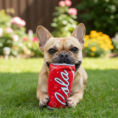 Bouledogue Français allongé tenant un jouet pour chien rouge avec le texte Cola.