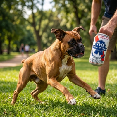Chien Boxer sautant vers le jouet pour chien Pets Blue Ribbin tenu par son maître.