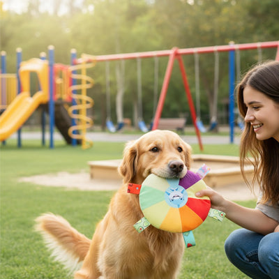 Golden Retriever tient un jouet pour chien coloré au parc avec une femme.
