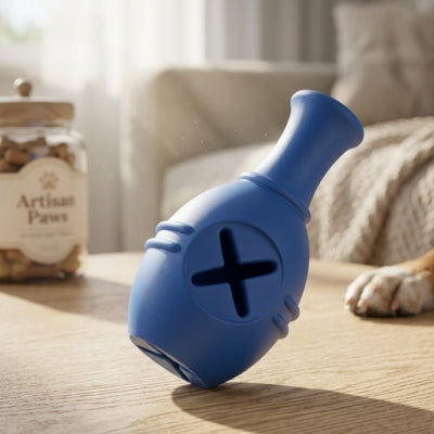 Jouet pour chien kong bleu posé sur une table en bois devant un bocal marqué Artisan Paws.