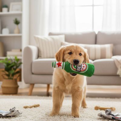 Chiot Golden Retriever debout dans un salon tenant un jouet pour chiens Beer vert dans la gueule.