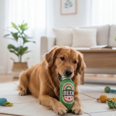 Golden Retriever assis à l'intérieur tenant un jouet pour chiens Beer vert avec les pattes avant.