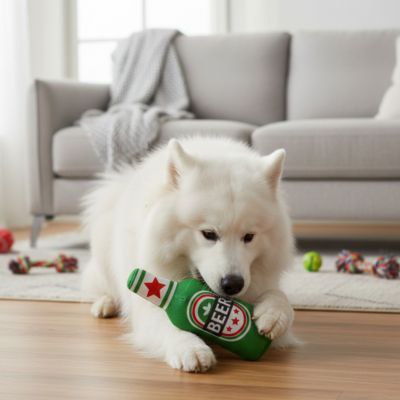 Samoyède couché dans un salon, mordillant un jouet pour chiens en forme de bouteille Beer verte.