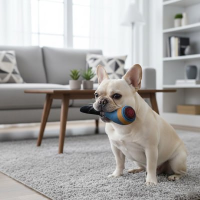 Bouledogue français assis sur un tapis gris avec un jouet pour chiens en forme de pipe.