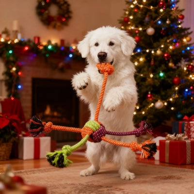 Chien Samoyède blanc devant un sapin de Noël avec son jouet pour chiens en corde.