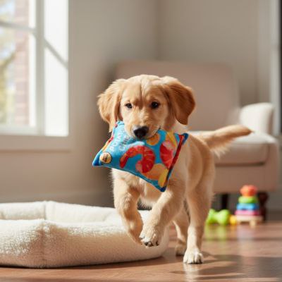 Chiot Golden Retriever portant un jouet pour chiens bleu Potato Chips Shrimps.
