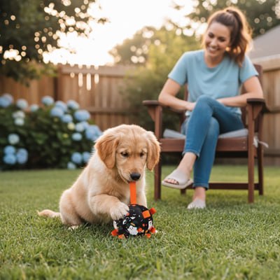 Chiot Golden Retriever assis dans l'herbe jouant avec un jouet pour chiens d'Halloween noir.