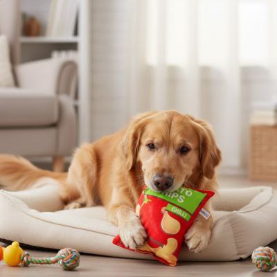 Golden Retriever couché avec un jouet pour chiens sac de chips rouge Chilli.