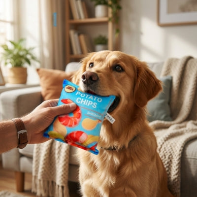 Golden Retriever adulte tenant un jouet pour chiens bleu Shrimps donné par une main humaine.