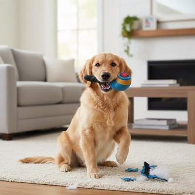Golden Retriever avec un jouet pour chiens pipe bleu et des morceaux de peluche au sol.
