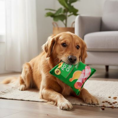 Golden Retriever sur un tapis avec un jouet pour chiens vert Potato Chips Bacon.