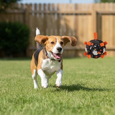 Chien Beagle courant dans l'herbe vers un jouet pour chiens noir à motifs d'Halloween.