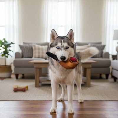 Husky sibérien debout dans un salon tenant un jouet pour chiens pipe marron et rouge.