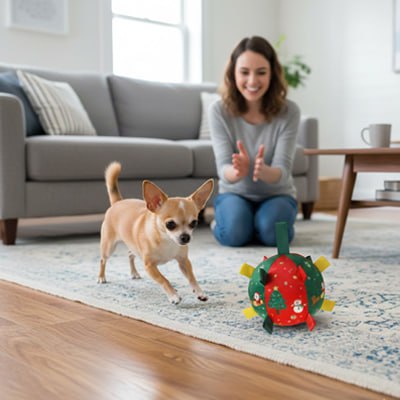 Petit chien Chihuahua jouant avec un jouet pour chiens de Noël sur un tapis de salon.