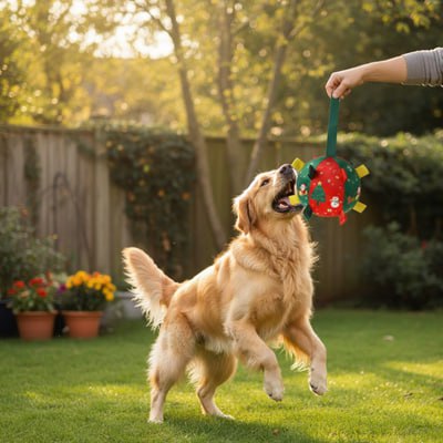 Golden Retriever sautant pour attraper un jouet pour chiens de Noël rouge et vert.