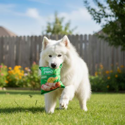 Chien Samoyède blanc courant avec un jouet pour chiens vert Potato Chips Bacon.
