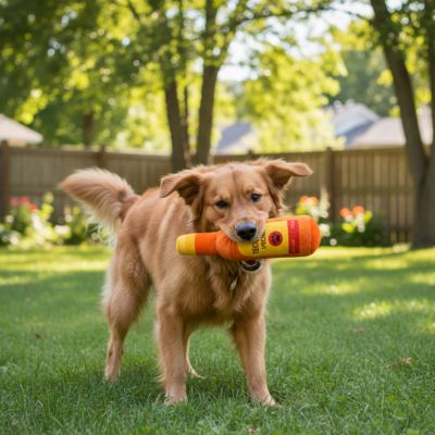 Golden Retriever courant dans l'herbe avec un jouet pour chiens Tequila orange.