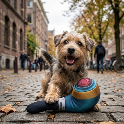 Petit chien Terrier sur des pavés avec son jouet pour chiens pipe bleu marqué "NO SMOKING".