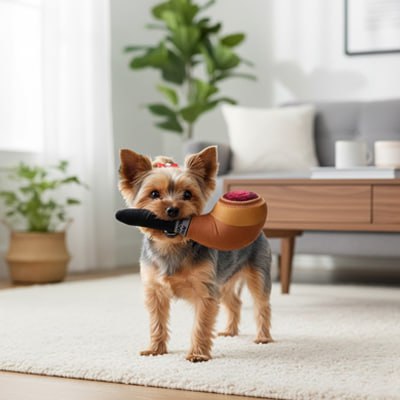 Yorkshire Terrier tenant un grand jouet pour chiens en forme de pipe marron dans un salon.