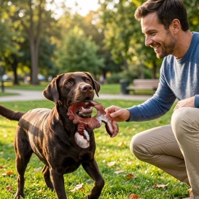 Labrador chocolat assis dans l'herbe avec un jouet chien indestructible circulaire et dentelé.