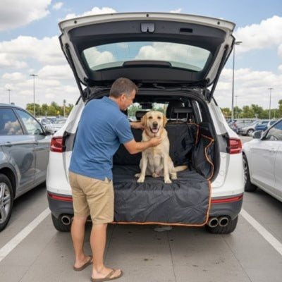 Labrador jaune avec son maître sur un tapis de chien voiture protection.