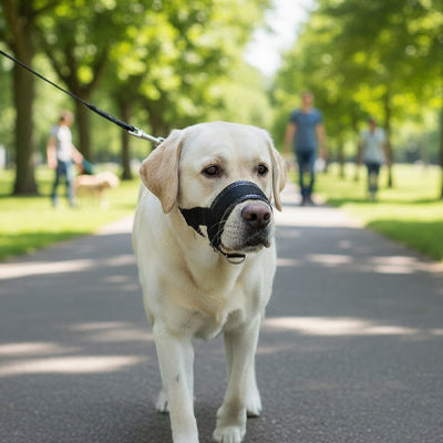 Labrador crème marchant sur un chemin de parc avec une muselière chien en tissu noir.