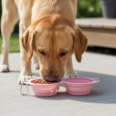 Gros plan d'un Labrador mangeant dans une gamelle pour chien double rose avec mousqueton.