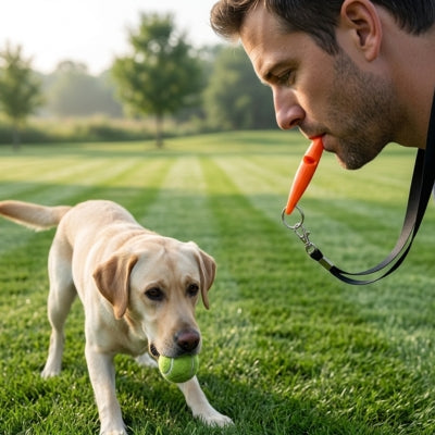 Labrador Retriever sur herbe avec balle face à un homme au sifflet à ultrason pour chien orange.