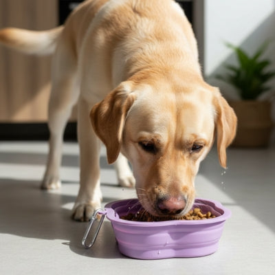 Labrador Retriever jaune mangeant ses croquettes dans une gamelle pour chien violette pliable.