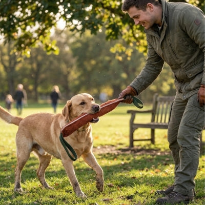 Labrador jaune jouant à tirer un jouet pour chien indestructible avec son maître dans un parc.