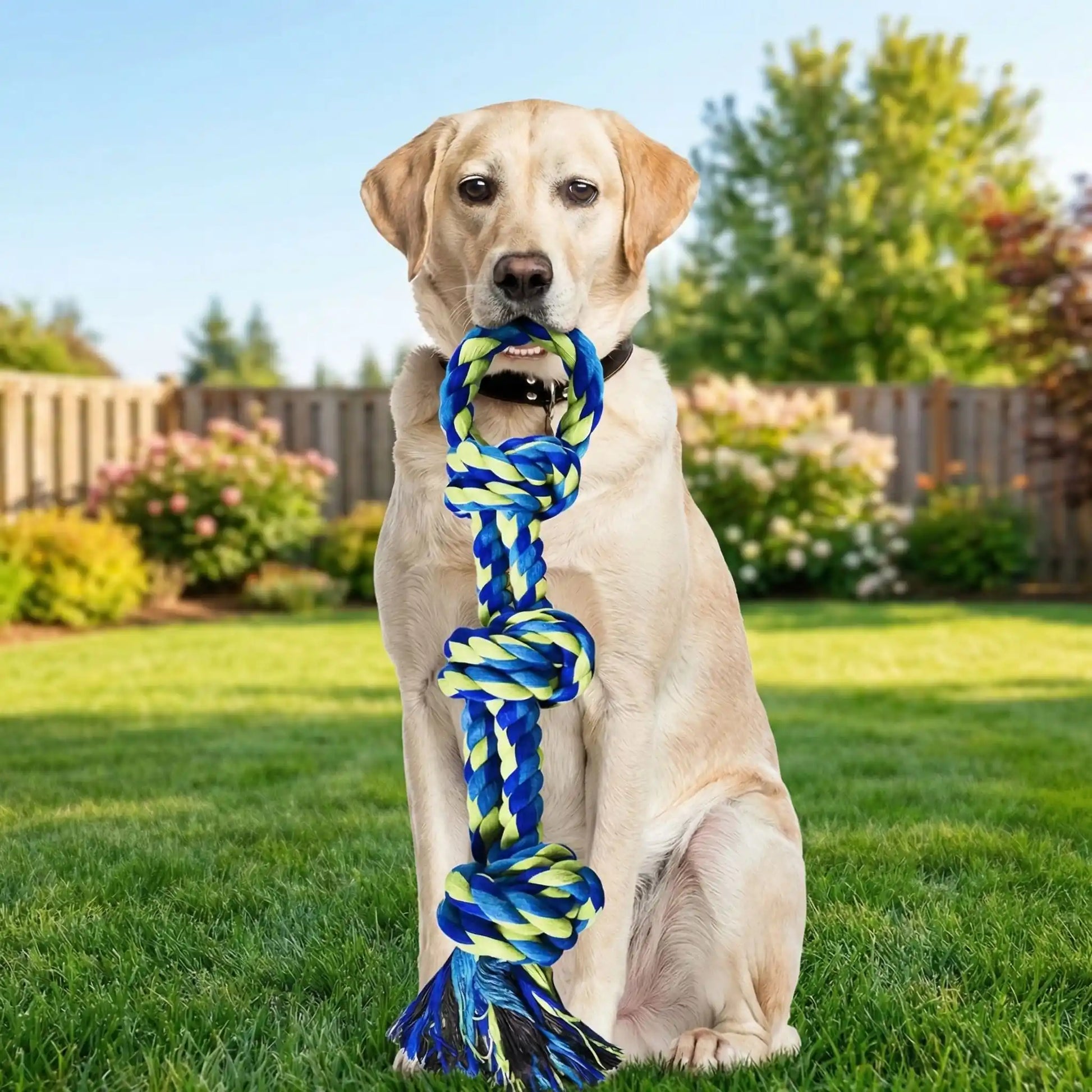 Labrador assis dans un jardin avec un jouet indestructible chien bleu et vert