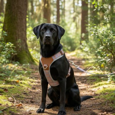 Labrador noir assis en forêt avec un harnais anti traction chien gris réfléchissant.