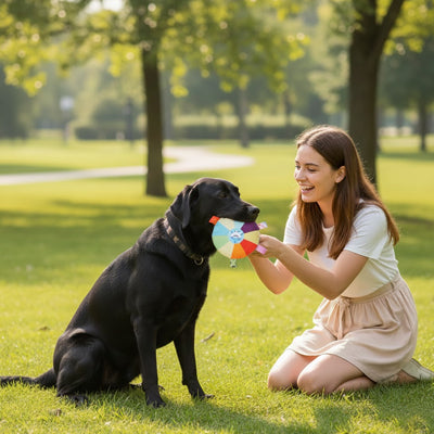 Labrador noir assis sur l'herbe avec un jouet pour chien coloré et une femme.