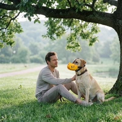 Labrador beige assis sous un arbre au parc avec sa muselière anti aboiement pour chien jaune.