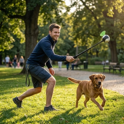 Homme en short lançant un jouet à un Labrador avec un lanceur de balle pour chien dans un parc.