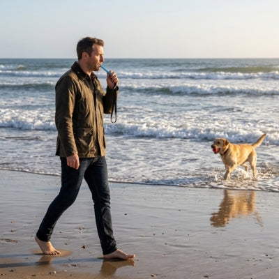 Labrador Retriever marchant dans l'eau de mer sur plage face à un homme au sifflet à ultrason pour chien bleu.