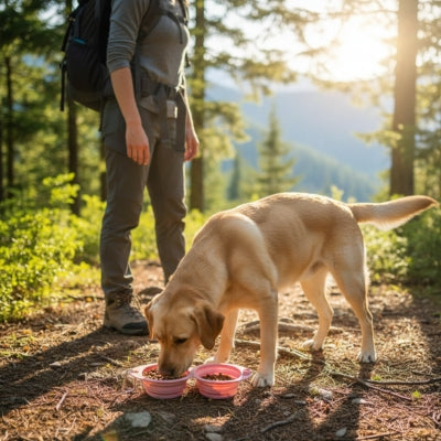 Labrador en randonnée sur un sentier forestier utilisant une gamelle pour chien rose.