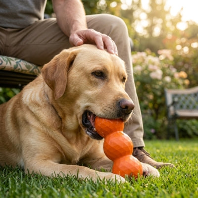 Labrador Retriever caressé par son maître tenant un jouet kong chien orange dans l'herbe.