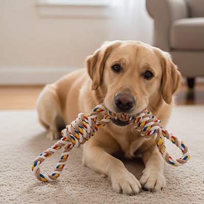 Labrador couleur sable allongé sur un tapis tenant un jouet pour chiens dans sa gueule.