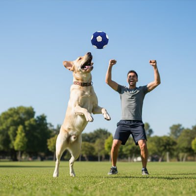 Chien Labrador sautant pour attraper une balle chien en l'air avec un homme.